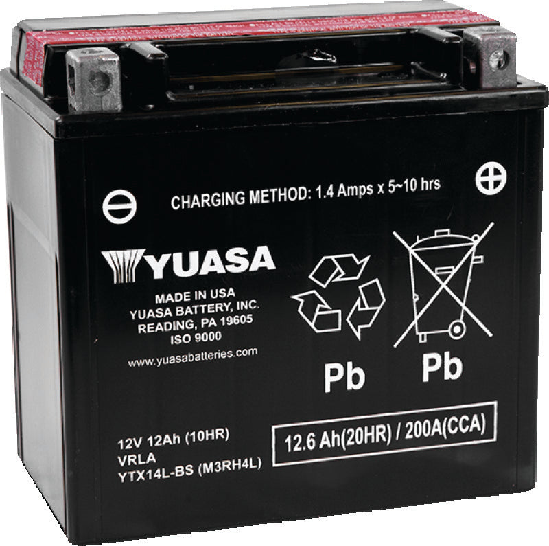 Yuasa Battery YUAM3RH4L Yuasa YTX14L-BS Maintenance Free AGM 12-Volt Battery W/bottle