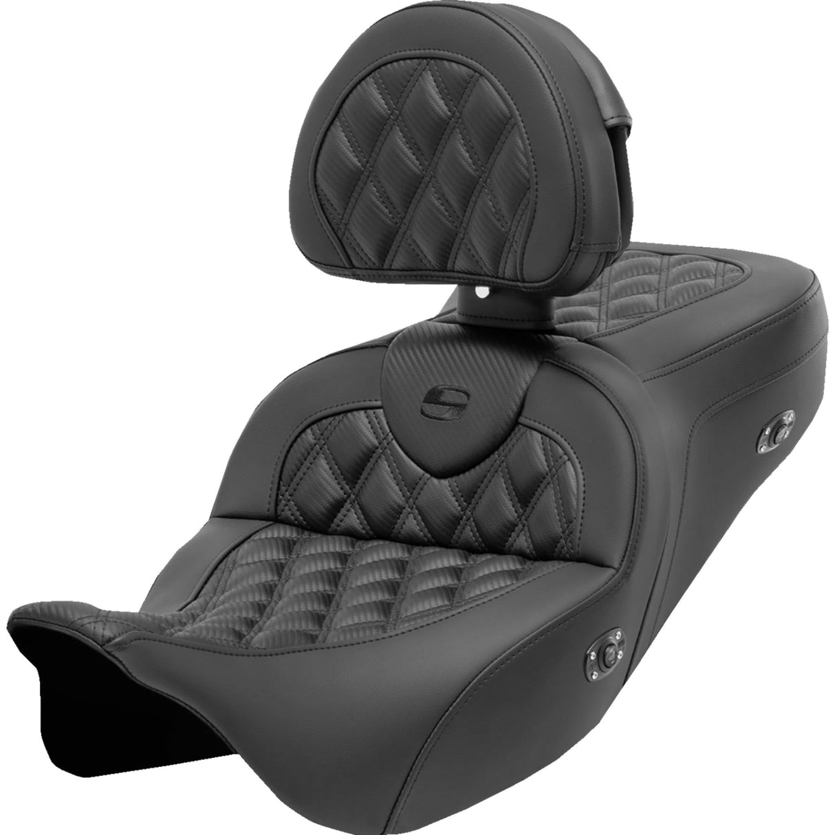 SADDLEMEN 0801-1695 808-07CF-182RHC Roadsofa™ Seat HEATED with Backrest - Lattice Black Stitch - Carbon Fiber - FL 08-23
