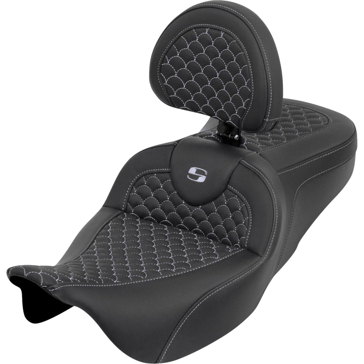 Saddlemen Dragon Scale Stitch RoadSofa™ Seat Silver Stitch With Backrest - 808-07B-208B5 For Harley Touring 2008-2024