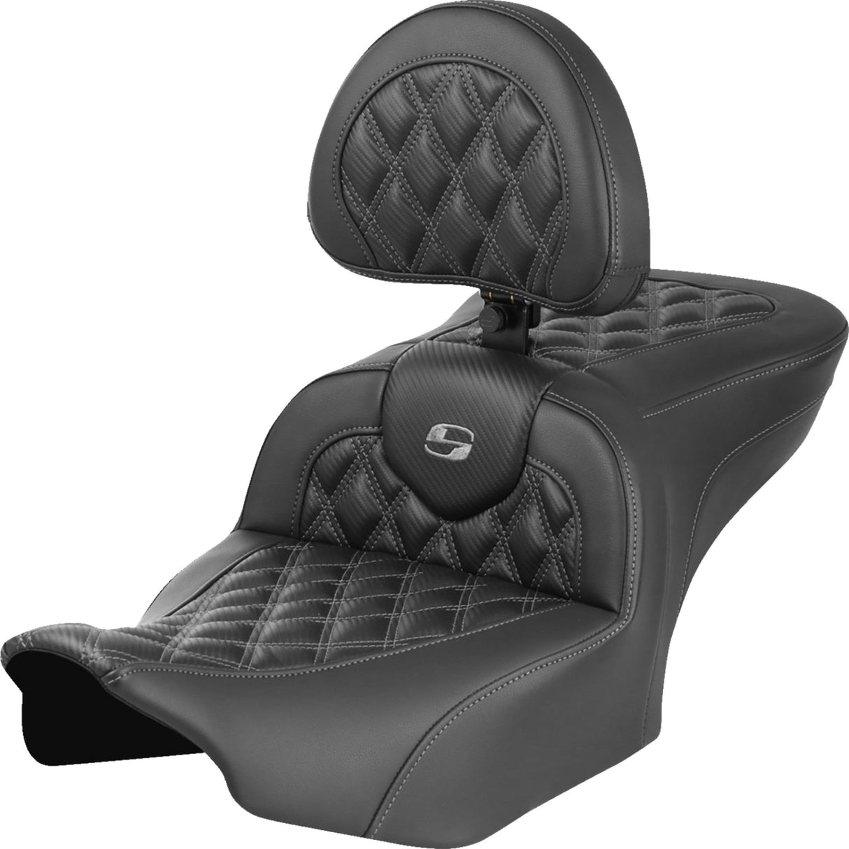 Saddlemen Roadsofa™ Lattice Stitch Seat With Backrest Carbon Fiber Gray Stitch - 823-07-206B2 For Harley Touring 2023-2026
