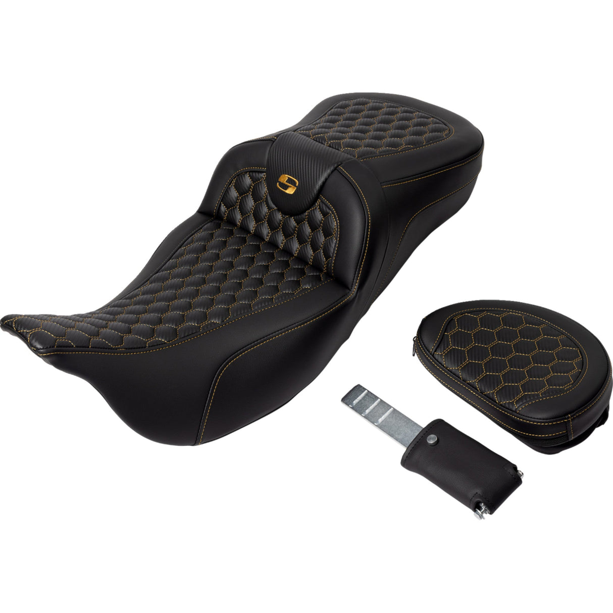 Saddlemen Honeycomb Roadsofa™ Seat Honeycomb Gold Stitch With Backrest Extended Reach - 808-07B-190B7 For Harley Touring 2008-2025