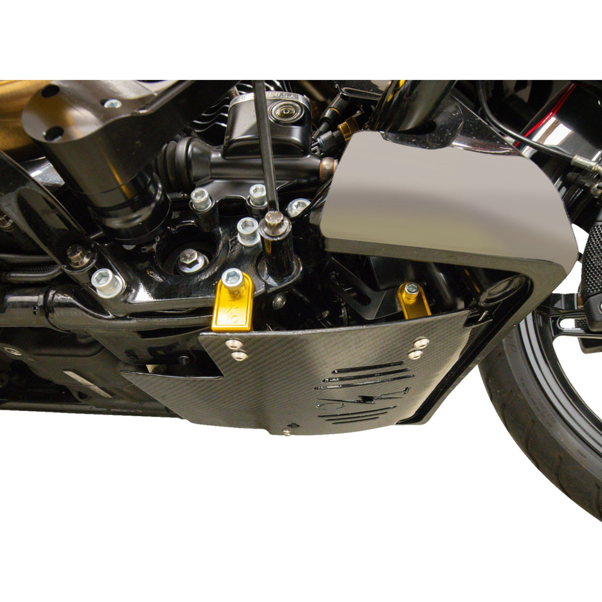 Thrashin Supply CO. Carbon Fiber Skid Plate Gloss With Gold Brackets - TSC-3034-5 For Harley Touring 2023-2026