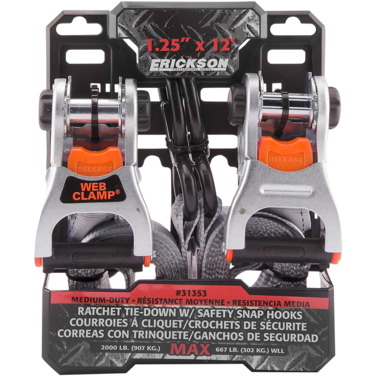 ERICKSON 3920-0417 31353 Ratchet Tie-downs with Web Clamps and Safety Hooks Ratchet Tie-Down - 1.25" x 12' - Gray