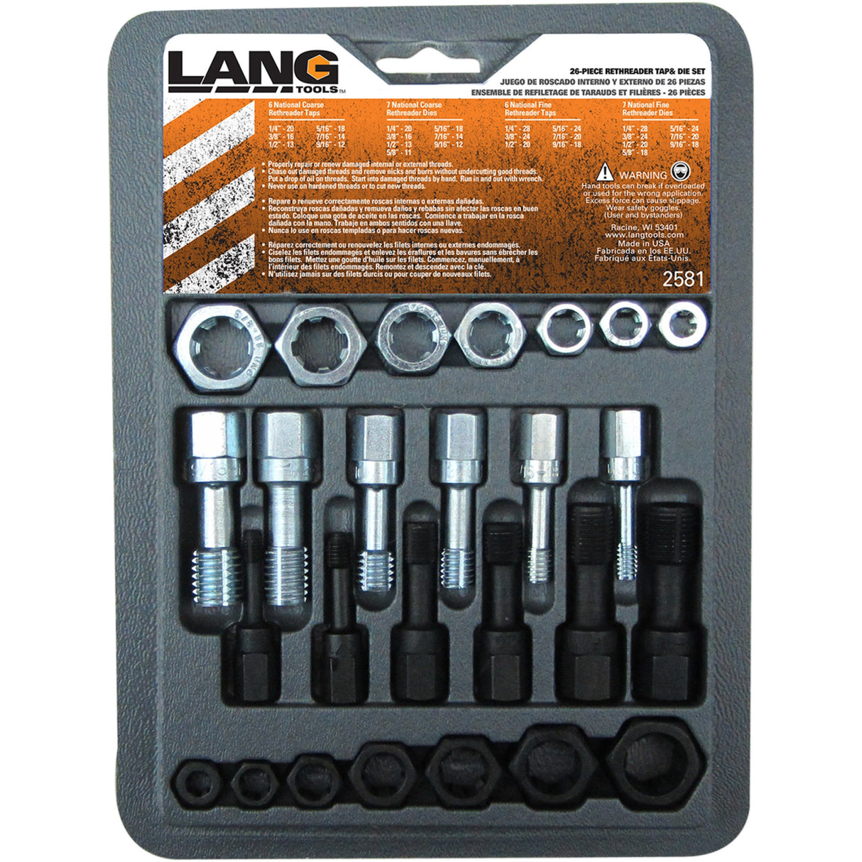 LANG TOOLS 3801-0245 2581 Thread Restorer Tap and Die Set Thread Restorer - Tap/Die - Fine/Coarse Thread - SAE - Kit