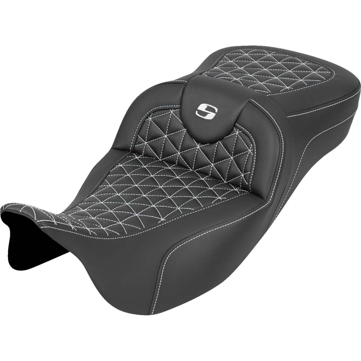Saddlemen RoadSofa™ Tri Gripper Seat Extended Reach White Stitch Without Backrest - 808-07B-21106 For Harley Touring 2008-2025