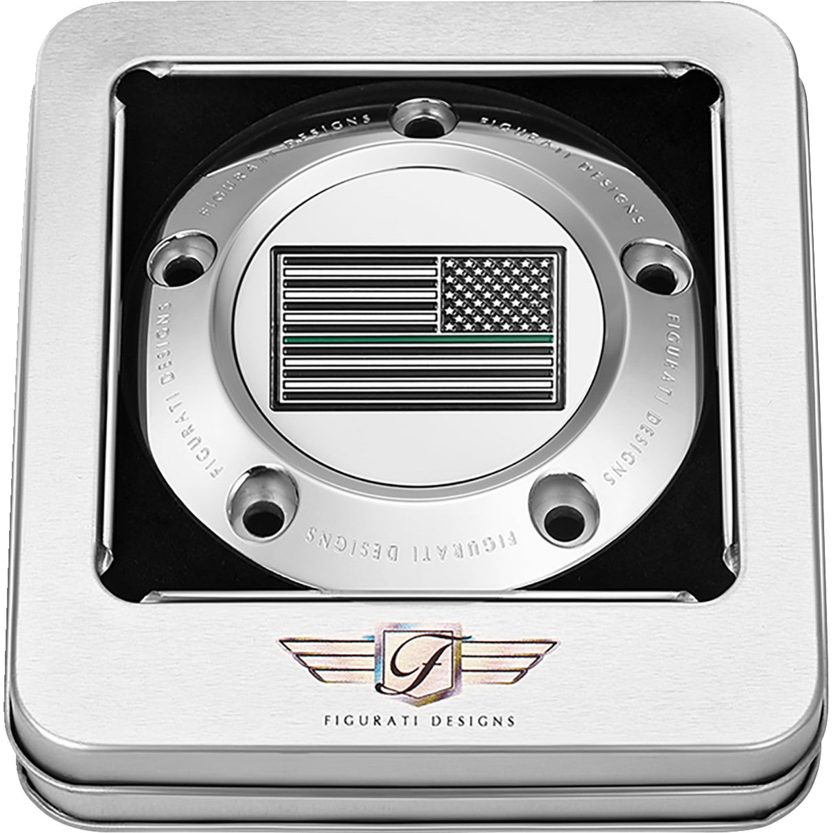 FIGURATI DESIGNS 0940-2098 FD72-TC-5H-SS Timing Cover 5 hole - green line american flag - stainless steel