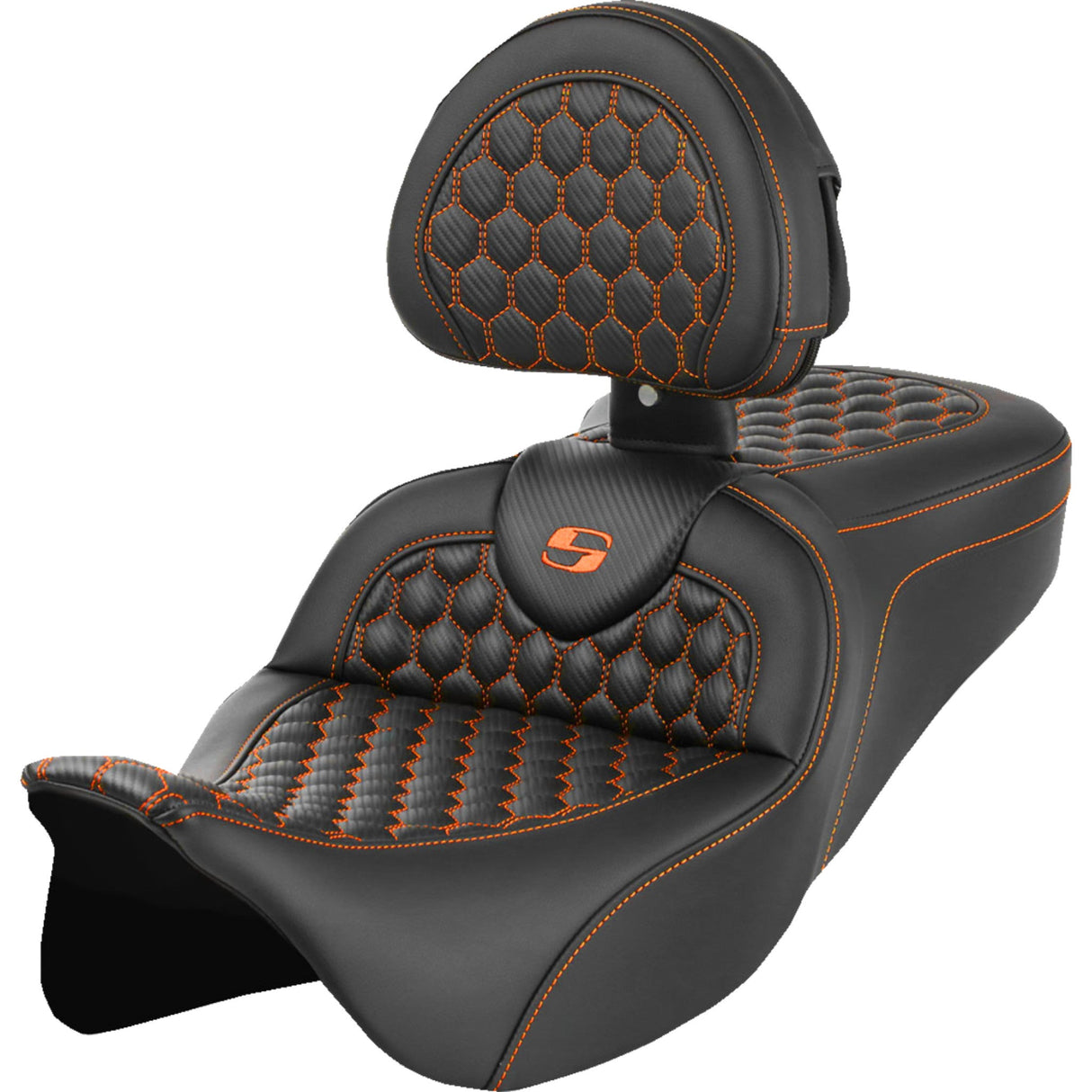 Saddlemen Honeycomb Roadsofa™ Seat Honeycomb Orange Stitch With Backrest - 808-07B-189B3 For Harley Touring 2008-2025