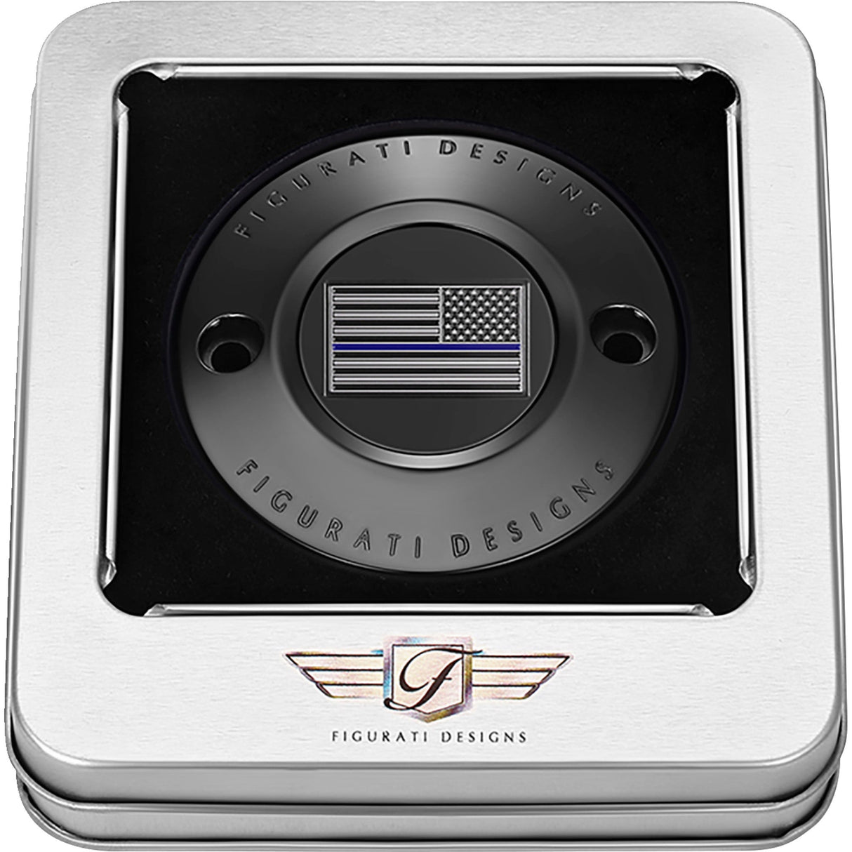 Figurati Designs Timing Cover 2 Hole Blue Line American Flag Black - FD71-TC-2H-BLK For Harley Motorcycles 2017-2022