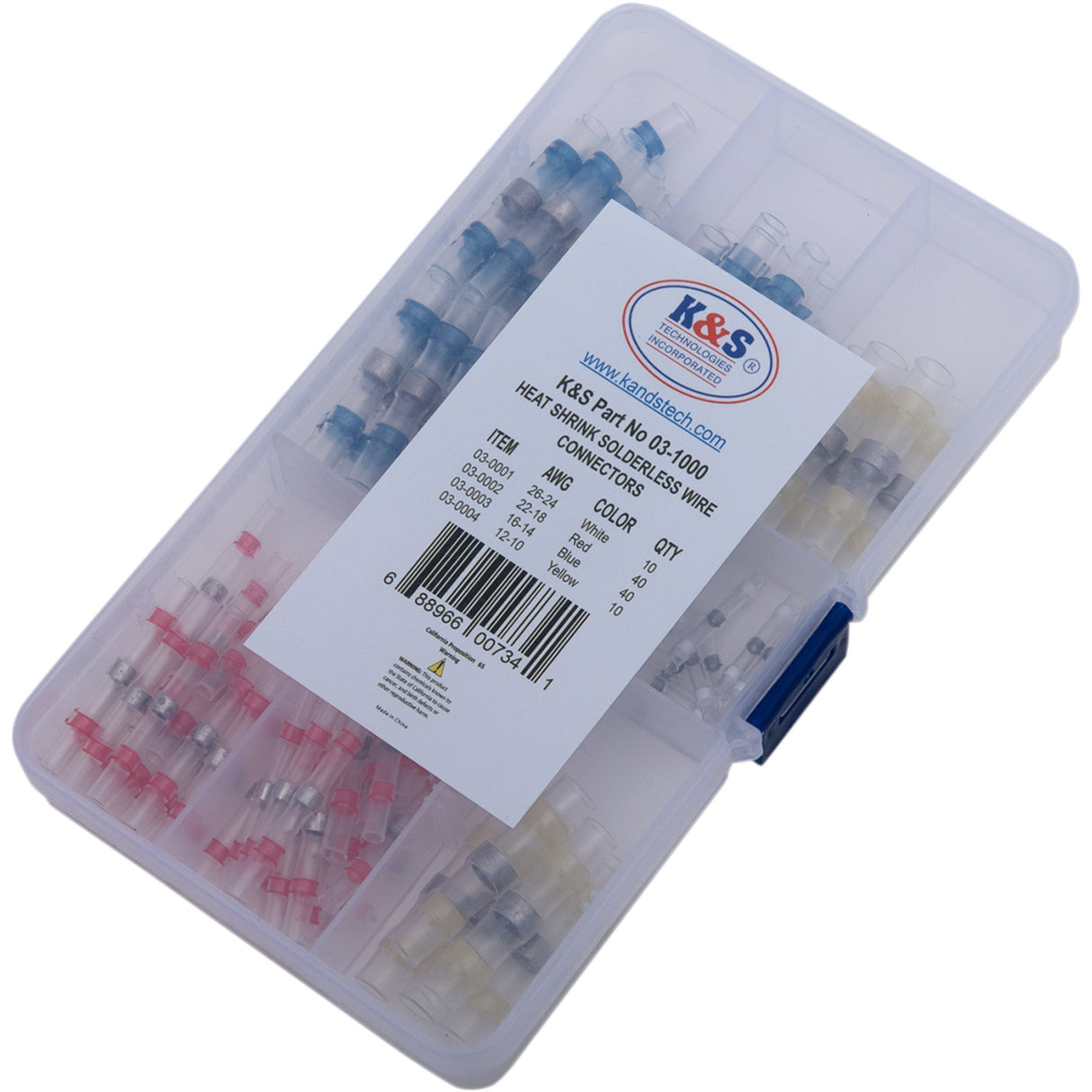 K&S TECHNOLOGIES 2120-0954 03-1000 Heat-Shrink Solderless Wire Connector Kit/Refill Solderless Wire Connectors - 100 Pieces