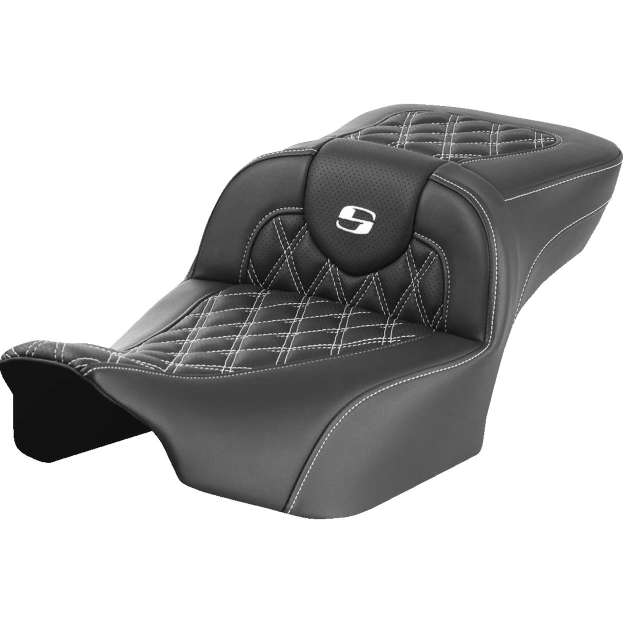 Saddlemen Roadsofa™ Extended Reach Seat Without Backrest Lattice Stitch White Stitch - 823-07-18406 For Harley Touring 2023-2026