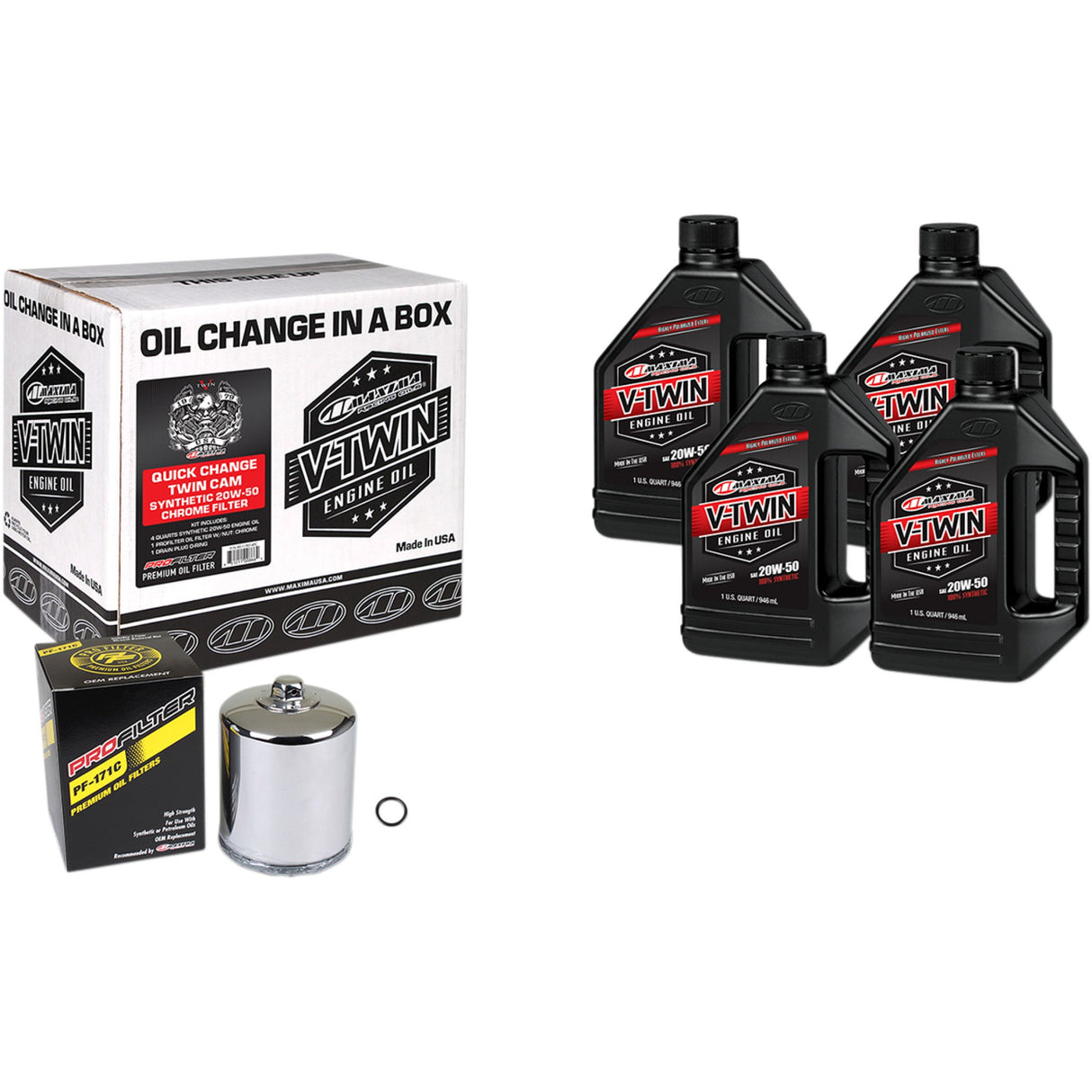 MAXIMA RACING OIL 3601-0725 90-119014PC Quick Change Twin Cam Synthetic 20W-50 Oil Change Kit chrome filter
