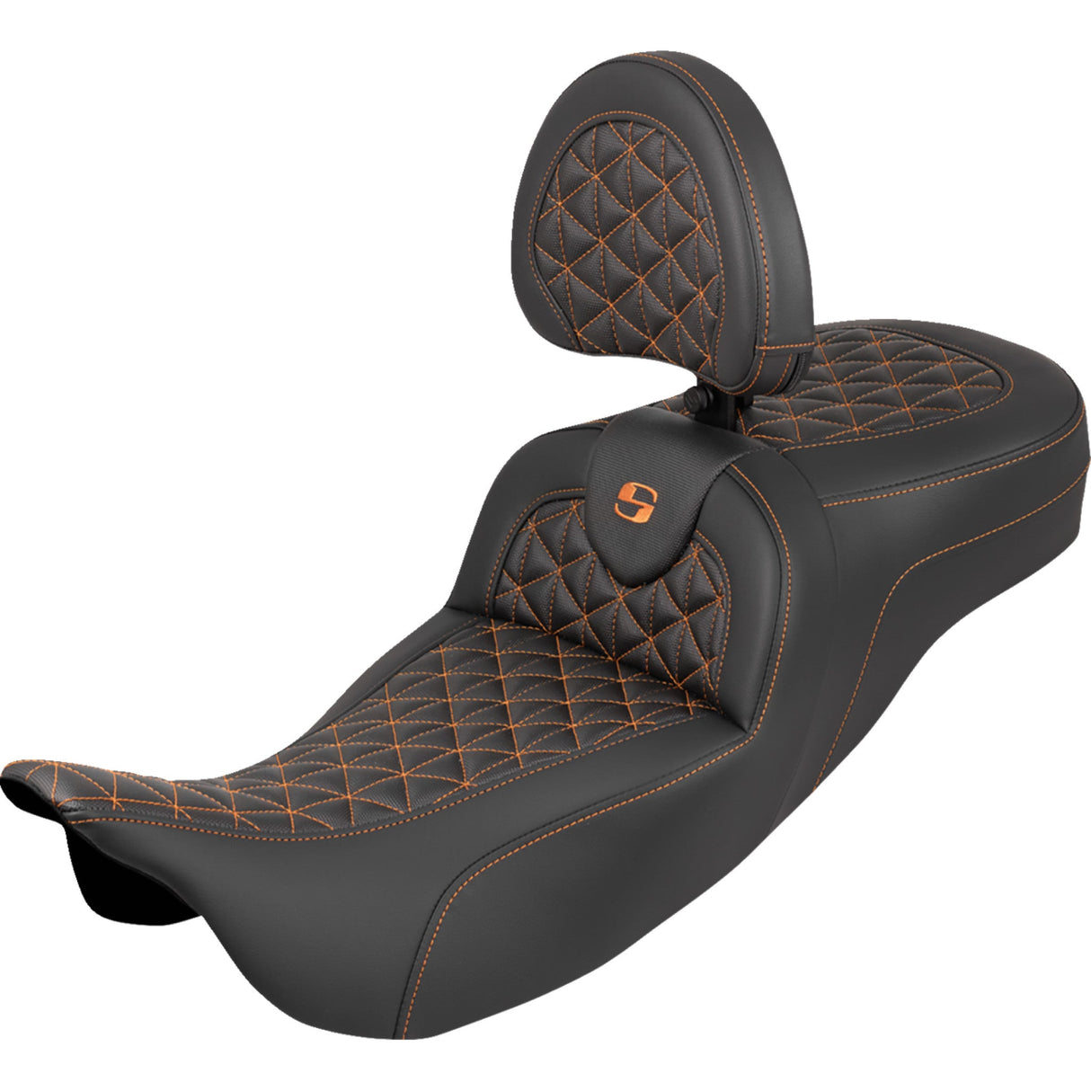 SADDLEMEN 0801-2207 808-07B-211B3 RoadSofa™ Tri Gripper Seat standard reach - orange stitch - w/ backrest - flh/flt '08-'25