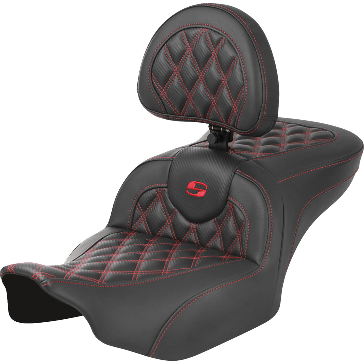 Saddlemen Roadsofa™ Lattice Stitch Seat With Backrest Carbon Fiber Red Stitch - 823-07-206B4 For Harley Touring 2023-2026