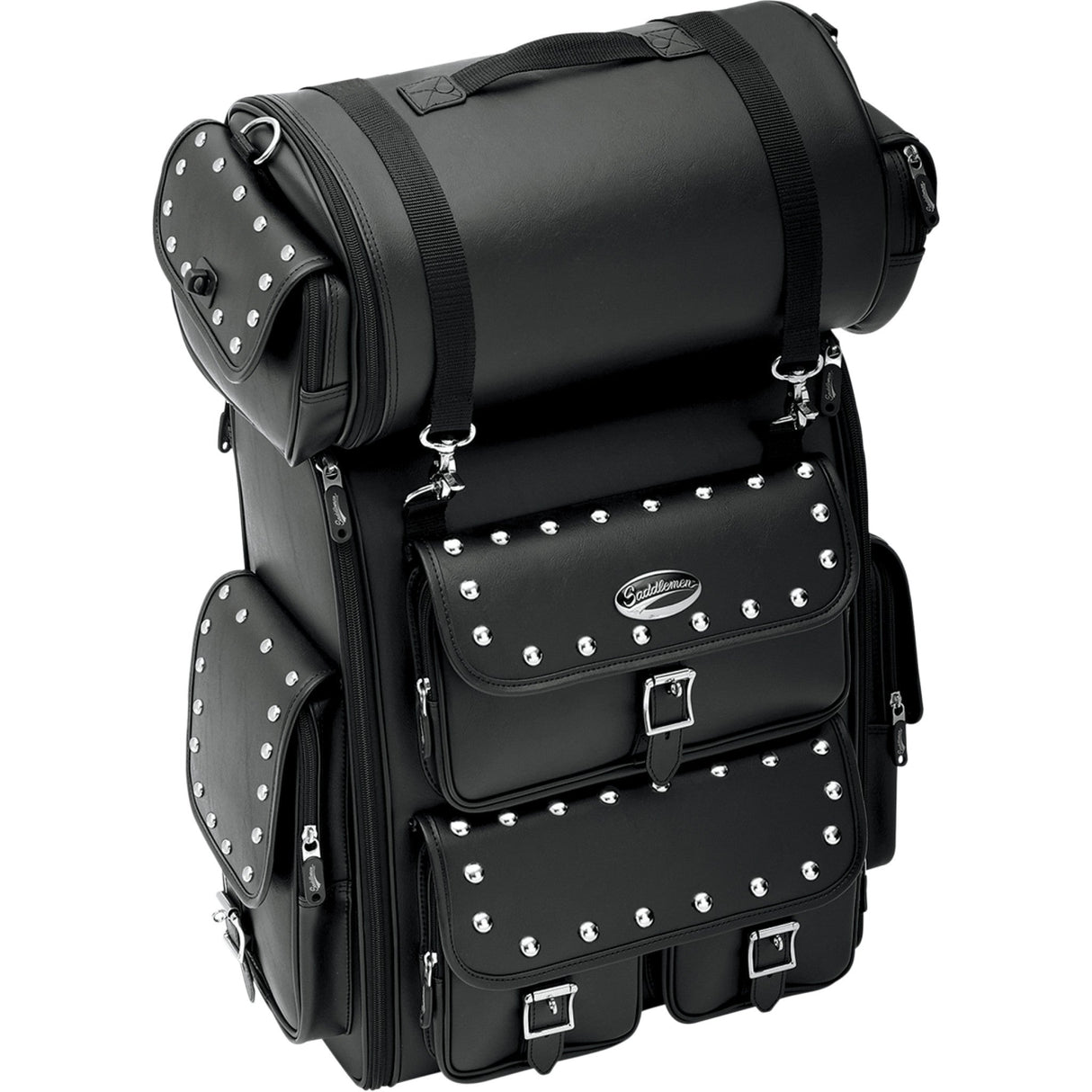 SADDLEMEN 3515-0097 EX000263 EX2200S Sissy Bar Bag with Studded Roll Bag Sissy Bar Bag - Desperado - Black Studded