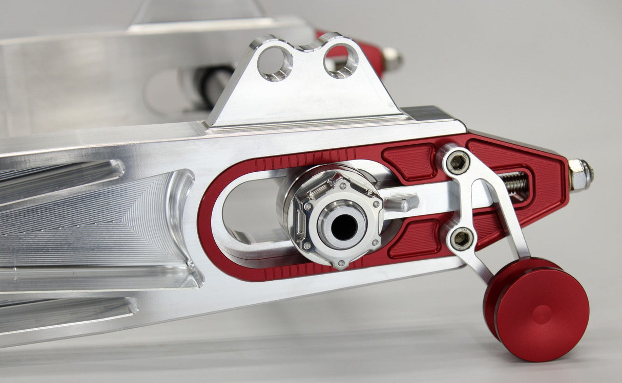 FXR Swingarm Component Pack Closeup Machined arms with Red Anodized