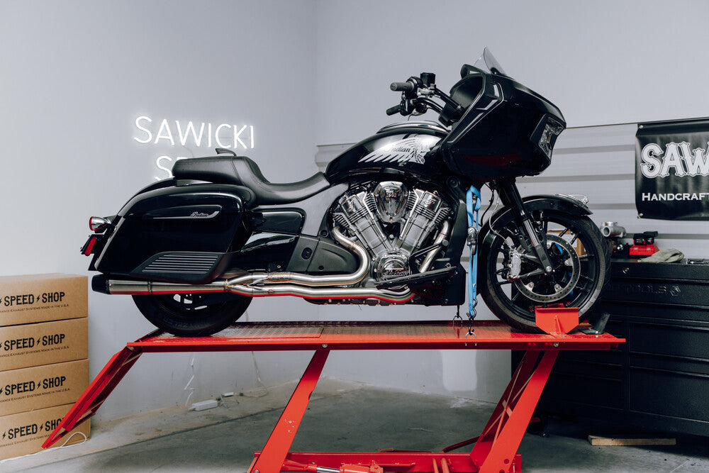 Sawicki Indian Challenger Full Length Brushed SS W Black END CAP For Indian Challenger Limited 2022