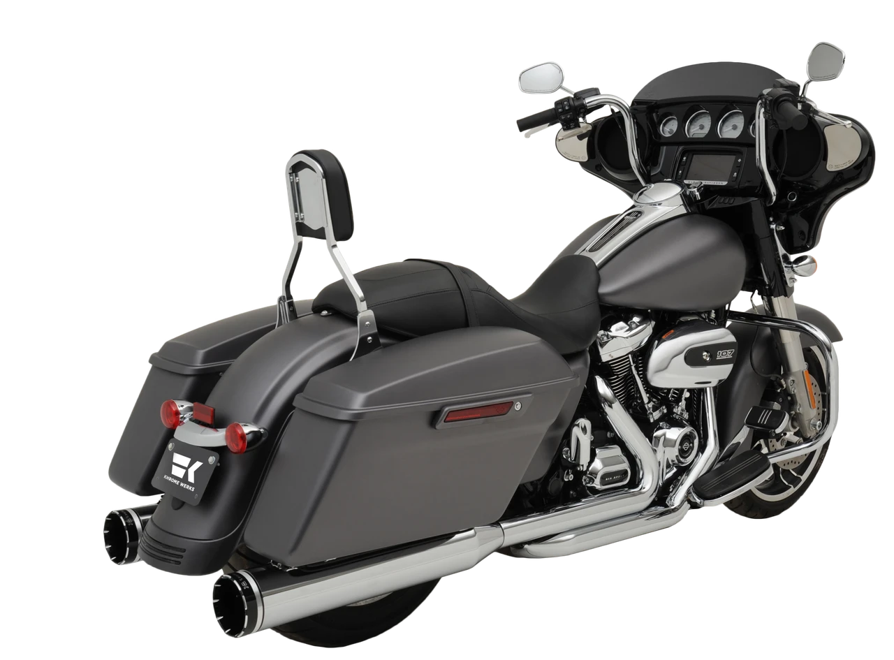 Khrome Werks chrome Dominator 200400A 2-into-2 exhaust with black Tracer end caps installed on a Harley Touring motorcycle